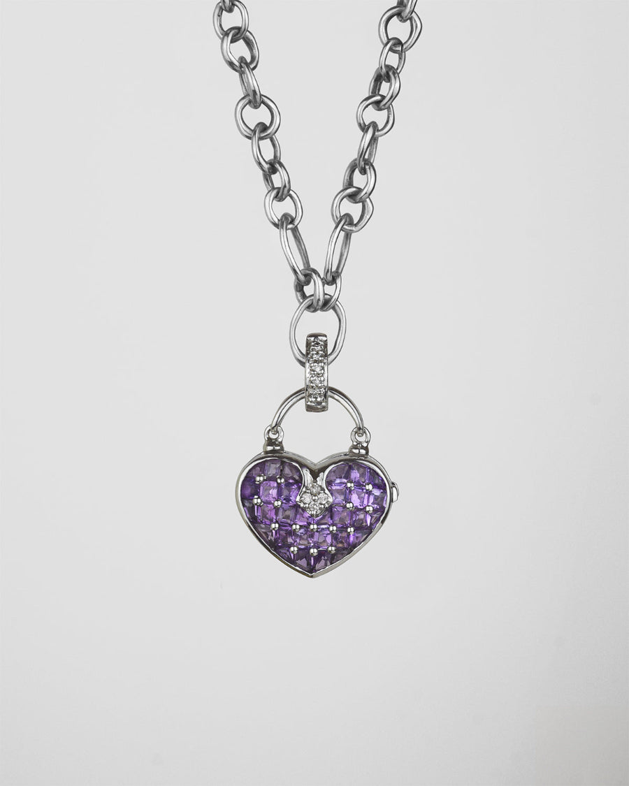 Heart-shaped 18K white gold with amethyst and diamond locket pendant on signature TVRRINI chain