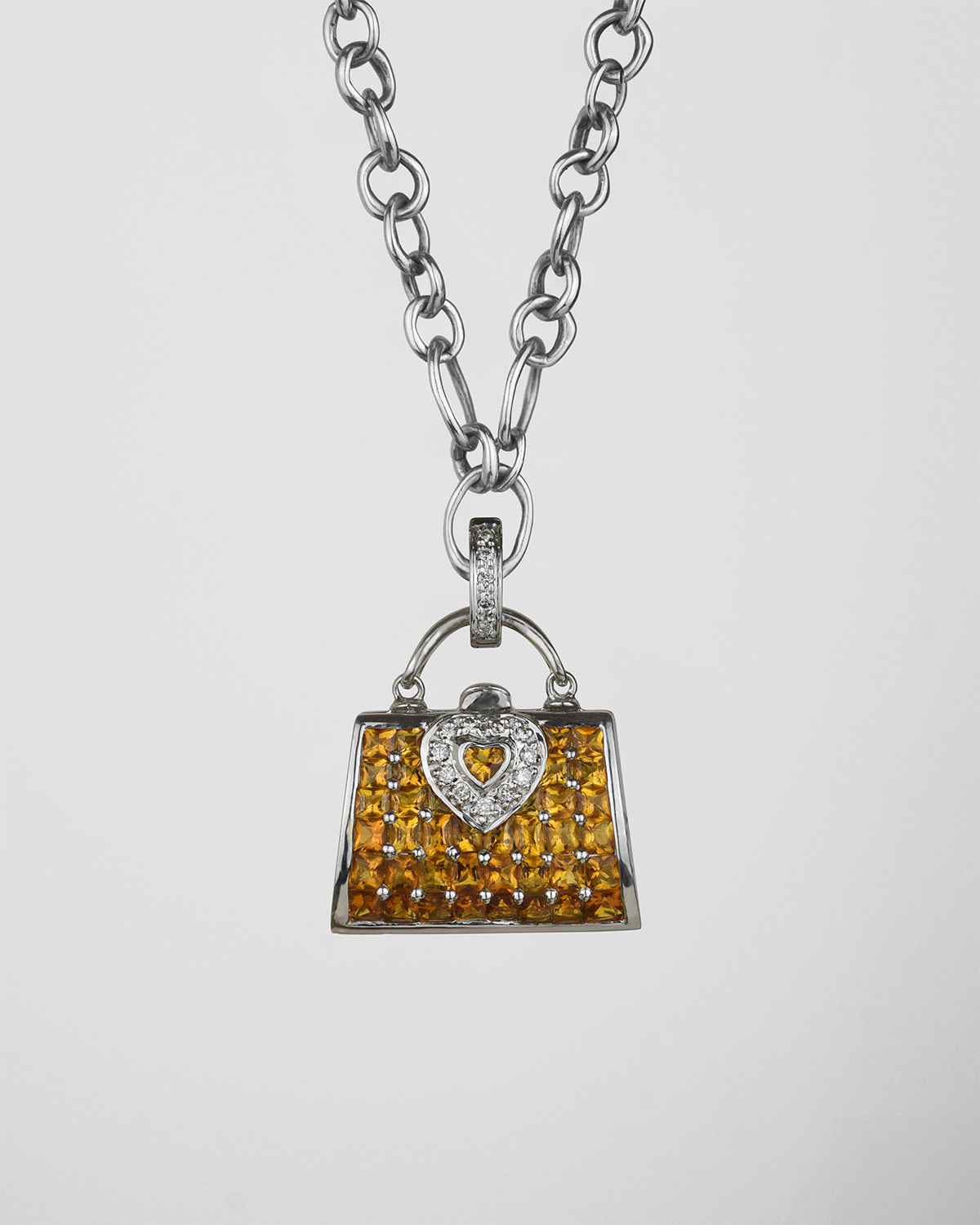 18K white gold with citrine and diamond heart design handbag locket pendant on signature TVRRINI chain SKU ML-P-815-WG