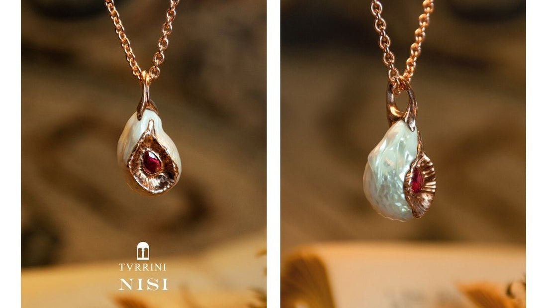 Header image of Katerina wearing a one-of-a-kind Kara Pendant with baroque freshwater pearl set in 18k rose gold