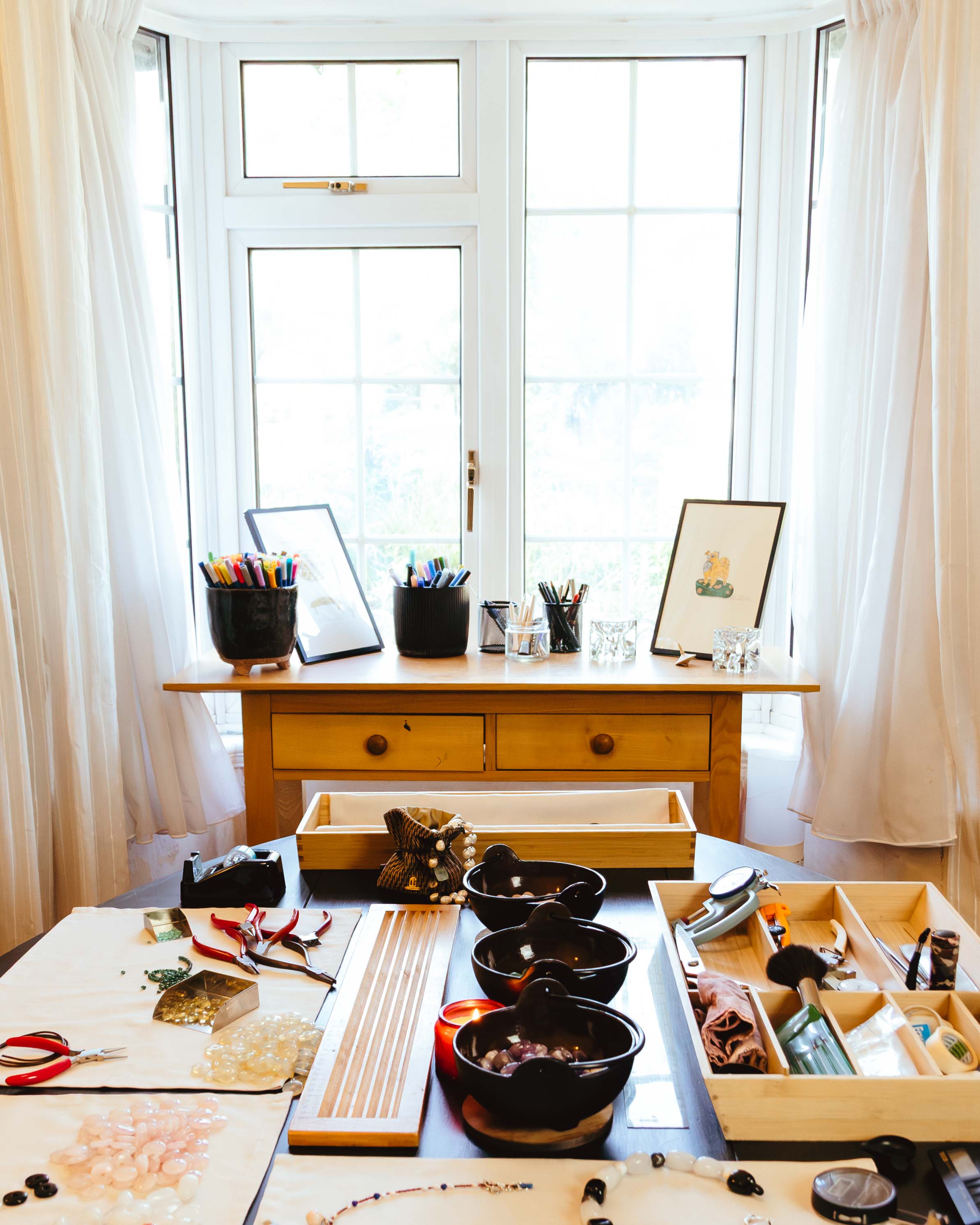 Art studio with artistic supplies and jewellery materials