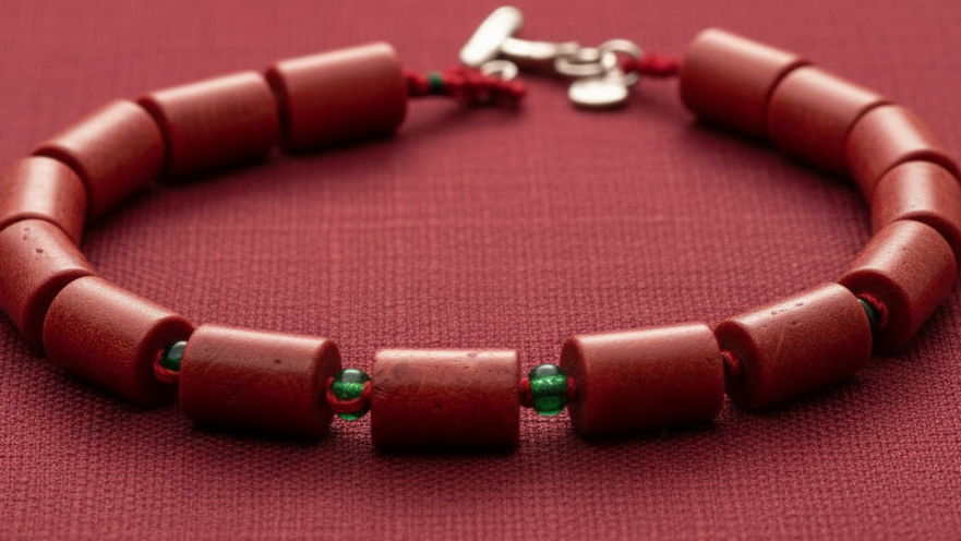 Necklace with red beads on a red background