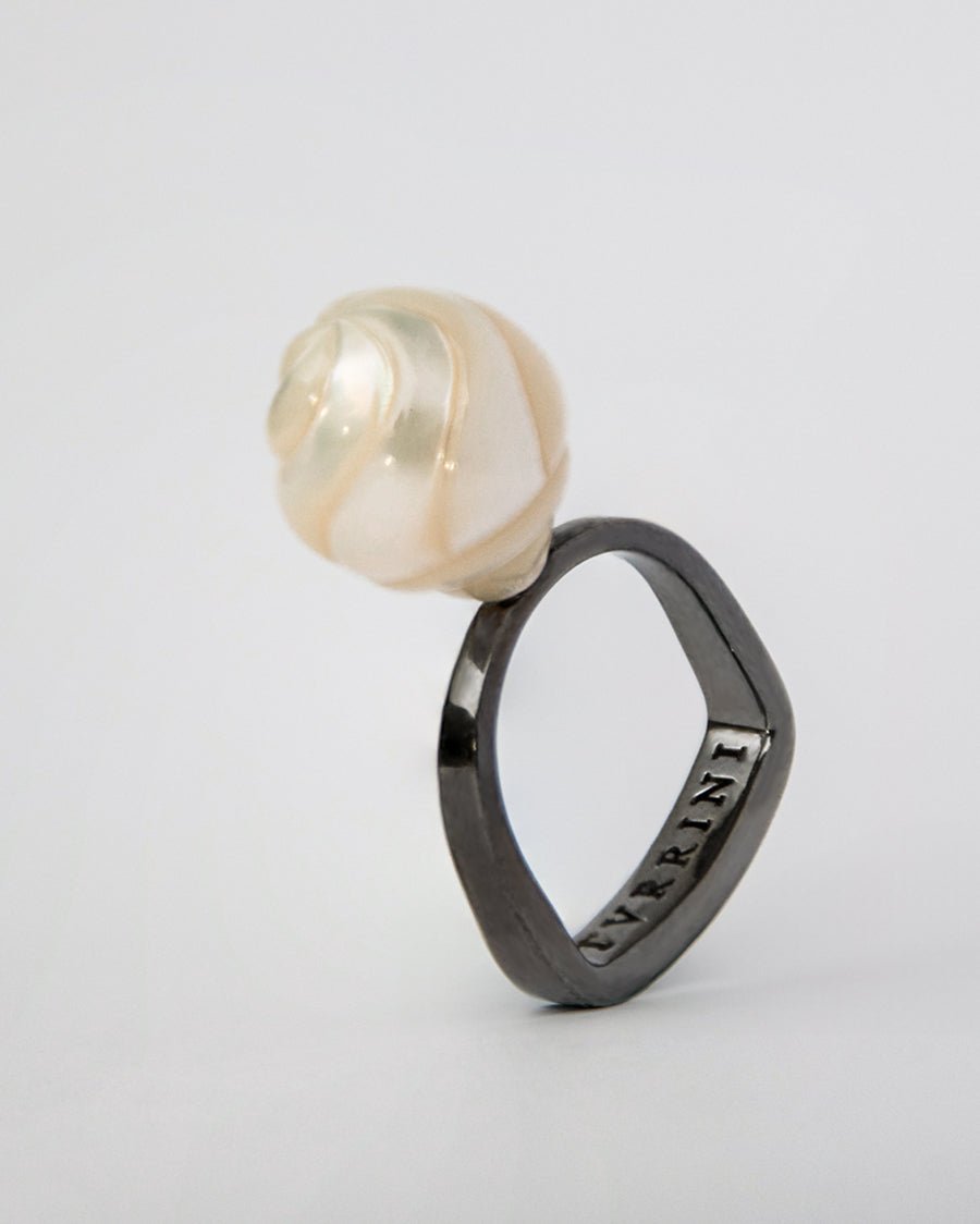 Arched Metals Freshwater Pearl & Black Rhodium Silver Ring - TVRRINI Jewellery