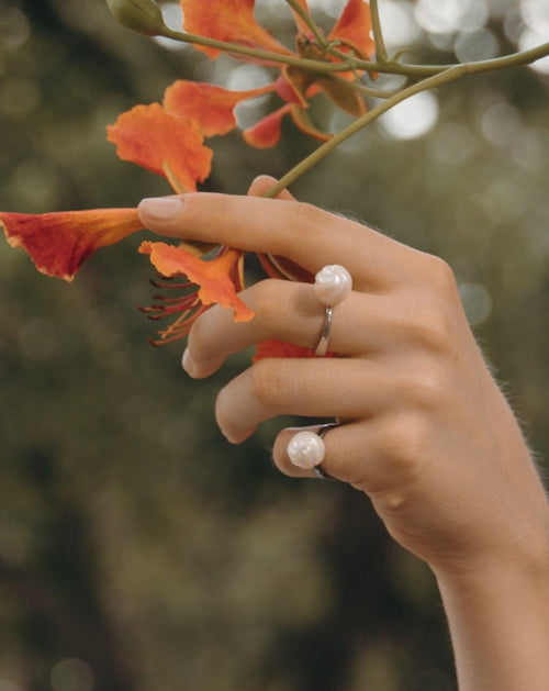 Arched Metals Freshwater Pearl & Silver Ring - TVRRINI Jewellery