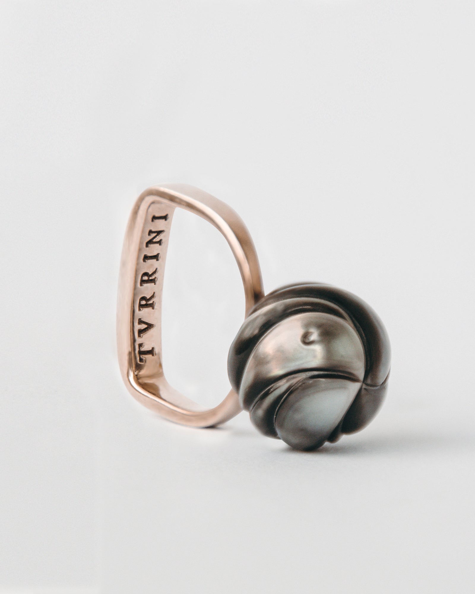 Rose gold plated silver with handcrafted Tahitian pearl ring displaying TVRRINI brand