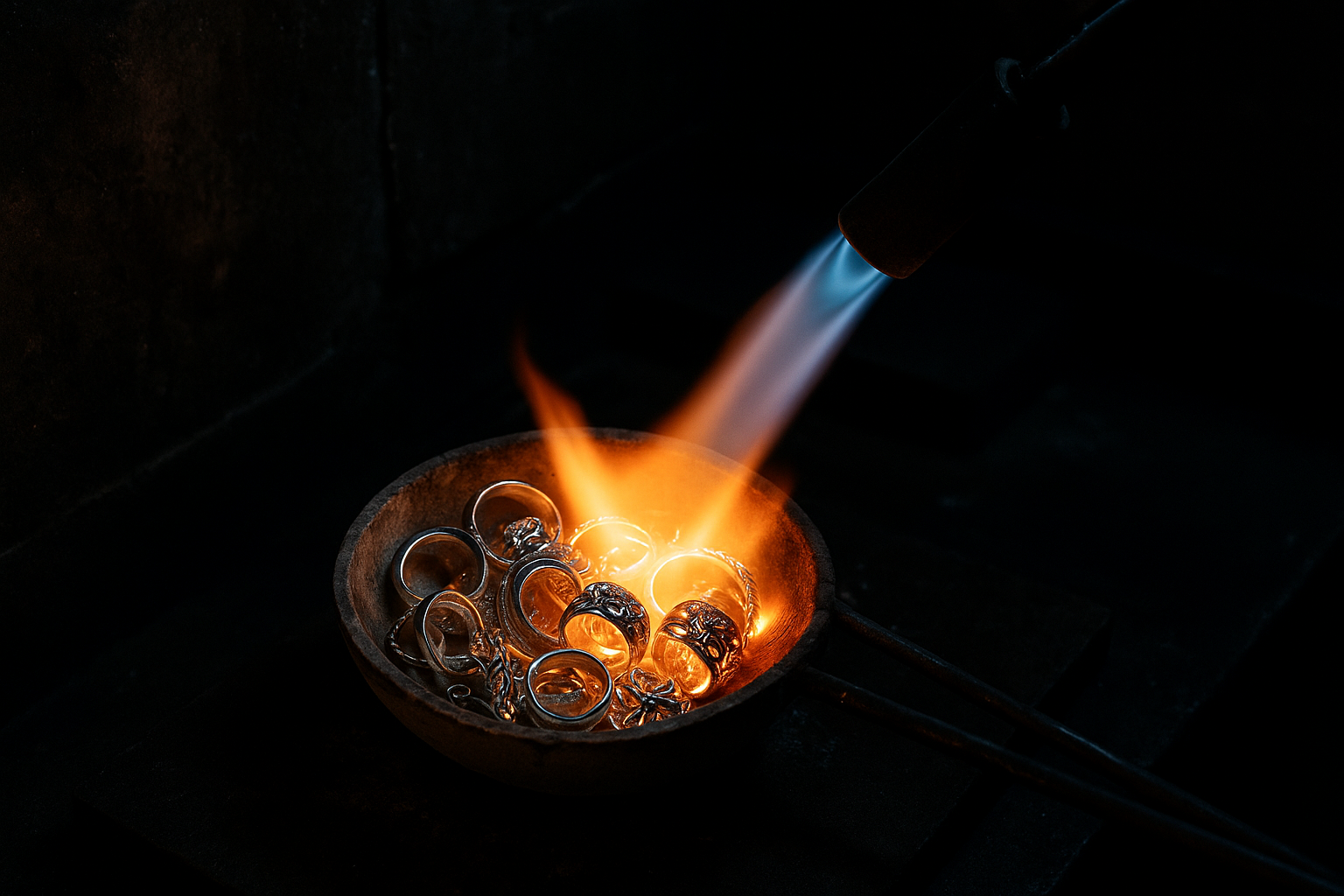 assorted silver jewellery being melted down in a crucible, a flame directed at the jewellery, high contrast with darkened jewellery workshop interior