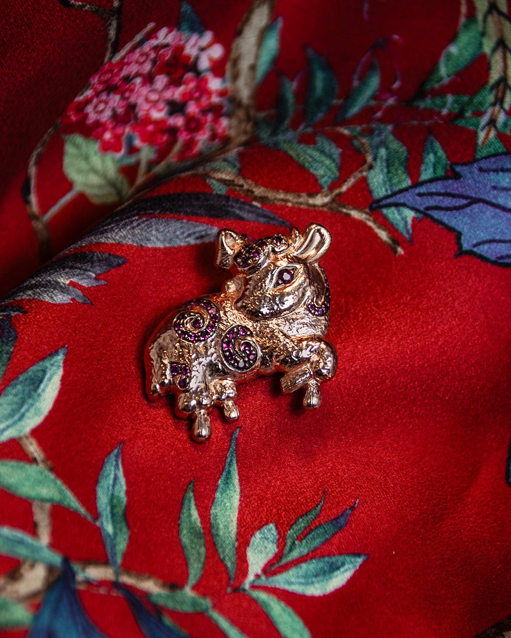 Goat Pendant in 18K rose gold plated silver with rubies