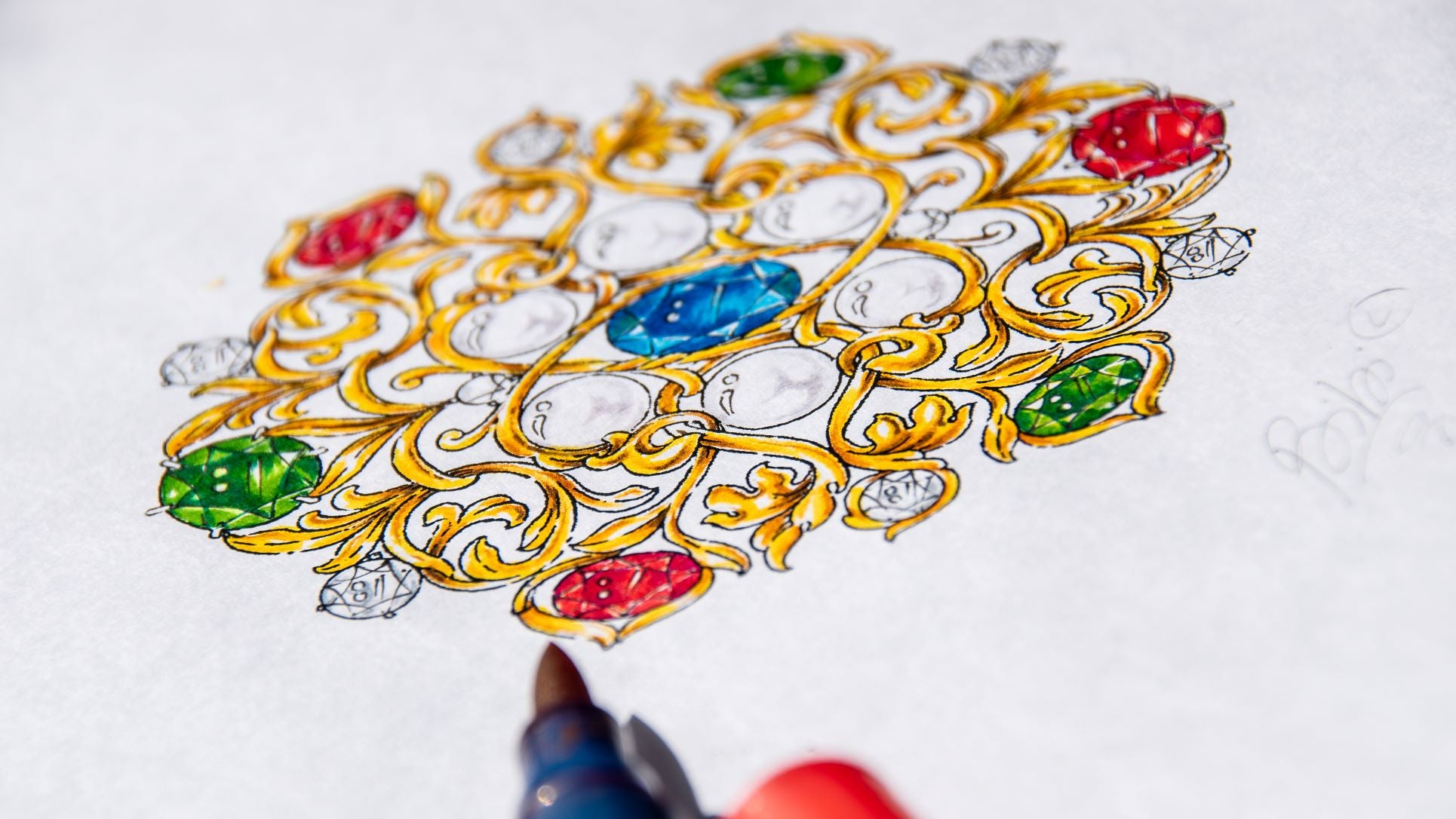 Close-up of brush pen illustration depicting an intricate brooch design