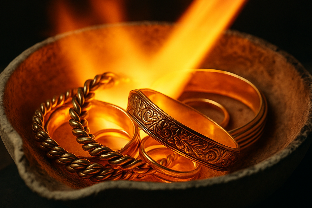 Gold jewelry being melted in a crucible with flames