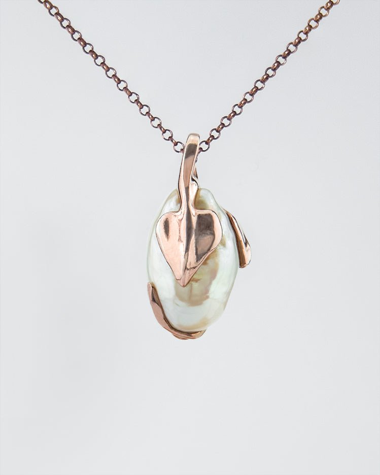 Kara Baroque Freshwater Pearl Pendant featuring leaf-inspired sculpted design in 18K rose gold plated silver - SKU KA-P-962-RG