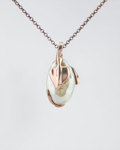 Kara Baroque Freshwater Pearl Pendant featuring leaf-inspired sculpted design in 18K rose gold plated silver - SKU KA-P-962-RG