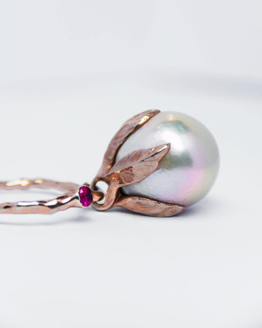 Freshwater pearl and ruby set in free-form rose gold-plated sterling silver ring