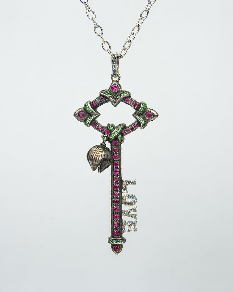 Regal Fantasy Love Key Pendant with paved gemstones and handcrafted Tahitian pearl on a silver chain