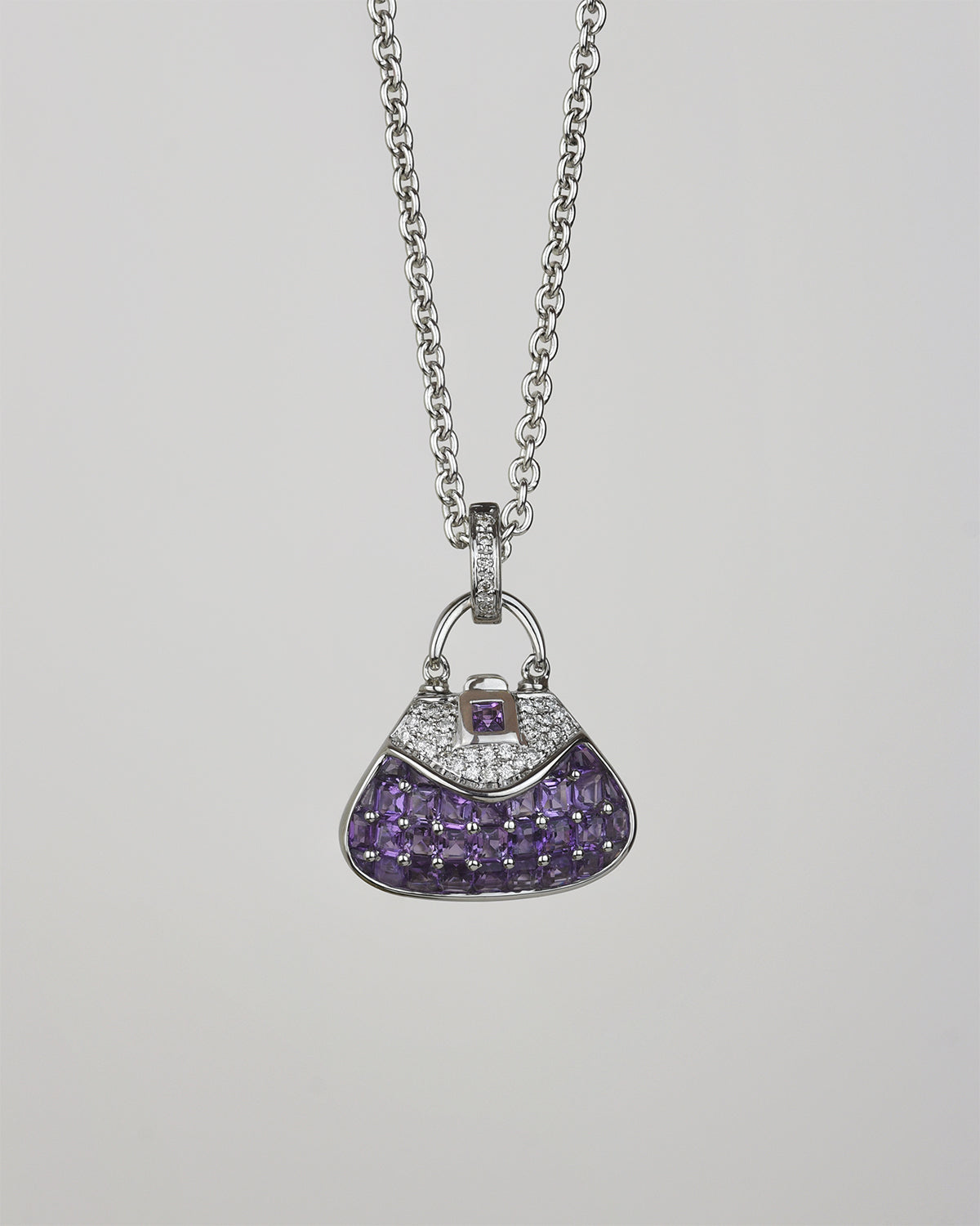 Evening 18K white gold with amethyst and diamond handbag locket pendant  on thin chain SKU ML-P-818-WG