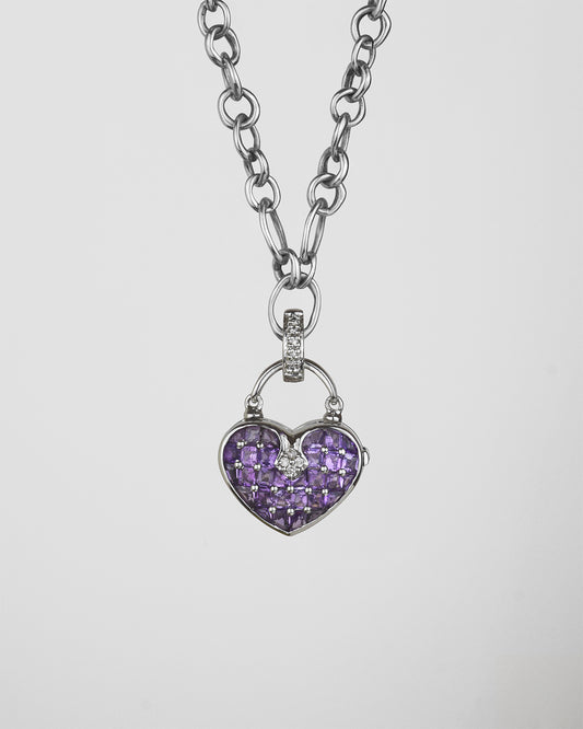 Heart-shaped 18K white gold with amethyst and diamond locket pendant on signature TVRRINI chain SKU ML-P-819-WG