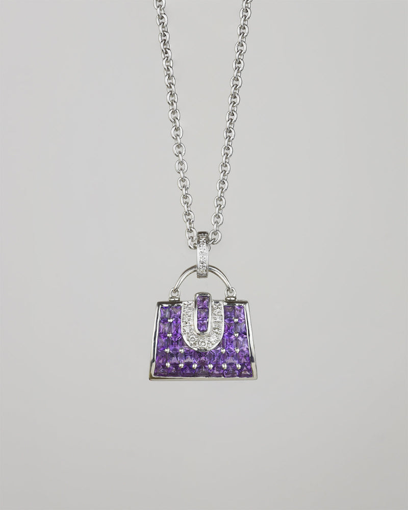 18K white gold locket pendant, featuring amethyst and diamond set in handbag-shaped frame, on thin chain