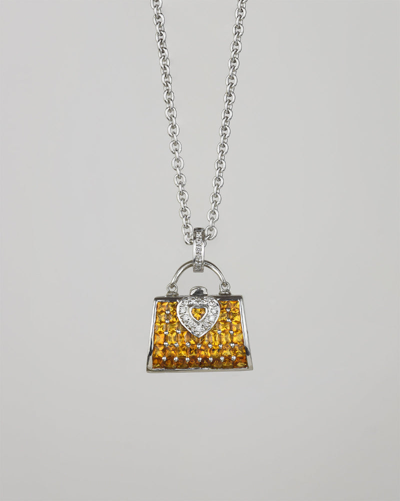 Unique heart design 18K white gold with citrine and diamond handbag locket pendant on thin chain