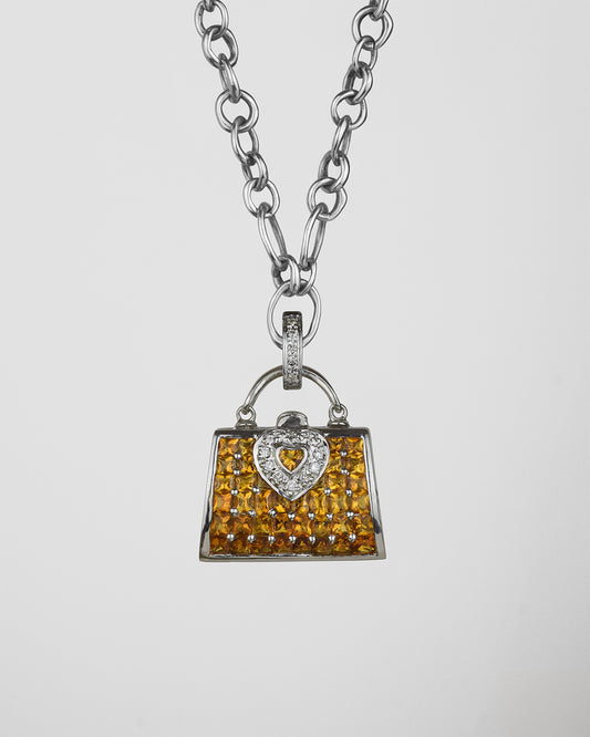 18K white gold with citrine  and diamond heart design handbag locket pendant  on signature TVRRINI chain SKU ML-P-815-WG