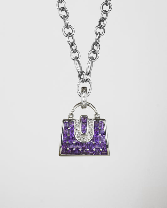 Unique 18K white gold with amethyst and diamond handbag locket pendant on signature TVRRINI chain SKU ML-P-813-WG