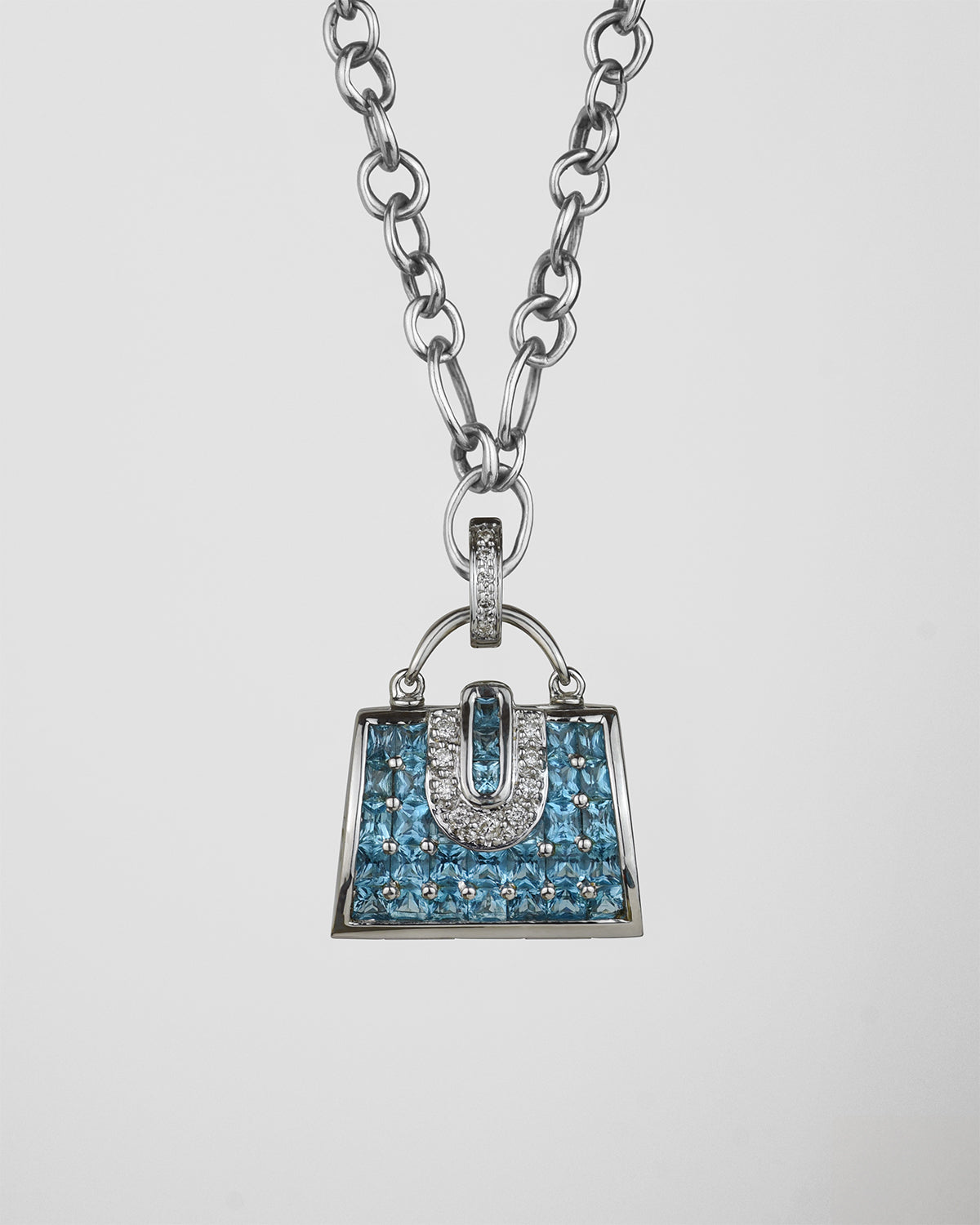 Unique 18K white gold with blue topaz and diamond handbag locket pendant on signature TVRRINI chain SKU ML-P-812-WG