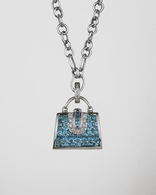 Unique 18K white gold with blue topaz and diamond handbag locket pendant on signature TVRRINI chain SKU ML-P-812-WG