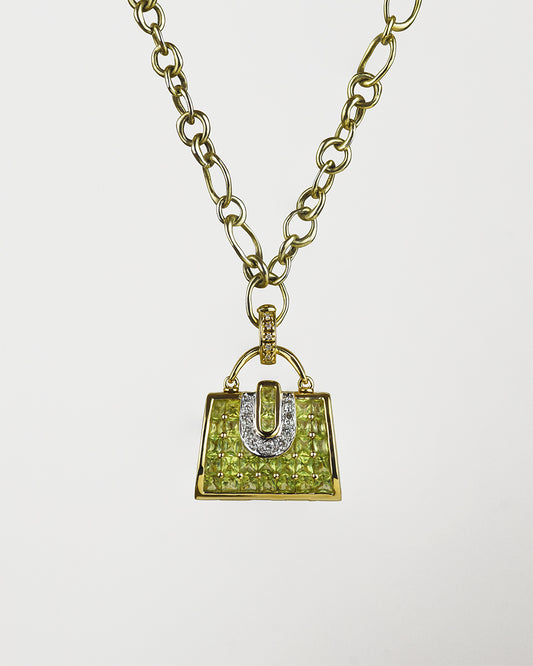 Minaudiere 18K yellow gold with peridot and diamond locket pendant on signature TVRRINI chain SKU ML-P-811-YG