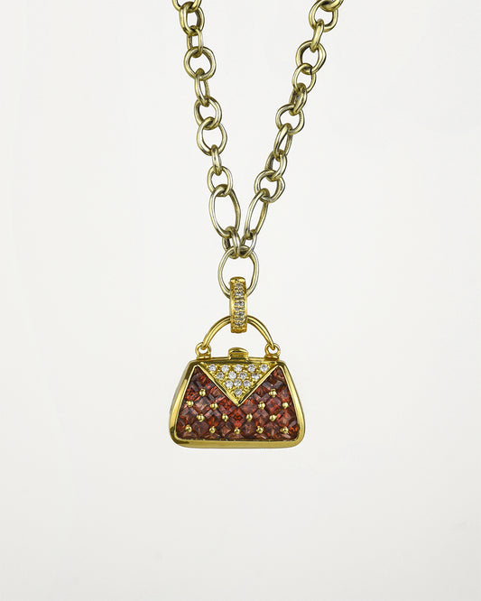 Minaudiere Triangle 18K yellow gold with garnet and diamond locket pendant on signature TVRRINI chain SKU ML-P-816-YG