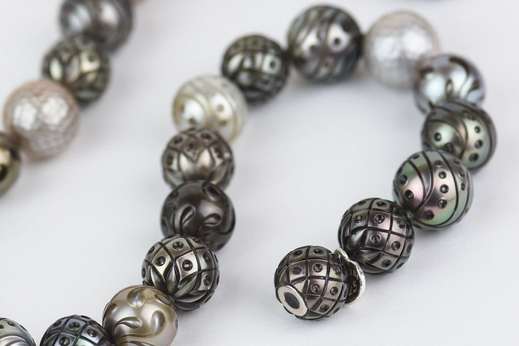 Close-up of magnetic closure on a crafted Tahitian Pearl necklace by TVRRINI