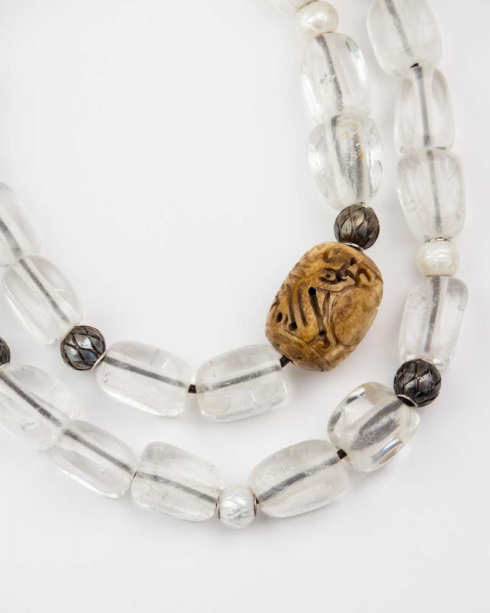 Carved Pearl, Quartz & Bone Opera Necklace