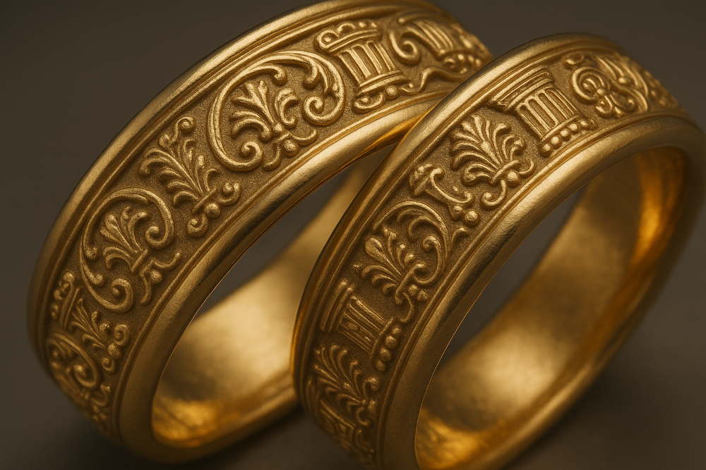 Gold wedding bands with low relief design in the style of Neoclassical architecture motifs