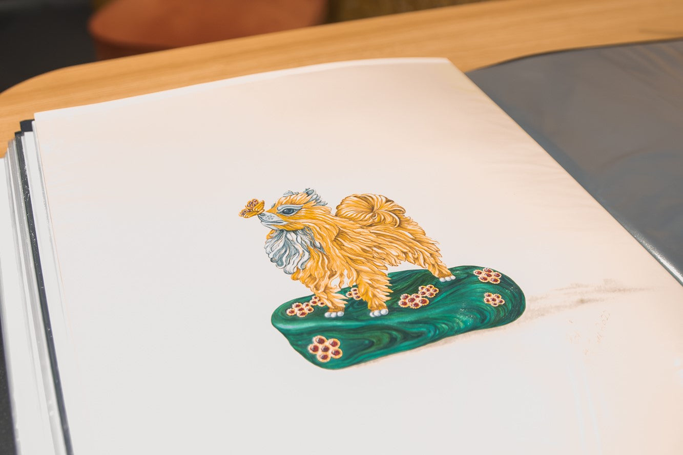 TVRRINI watercolour illustration of a bespoke piece being displayed at jewellery trade fair in London