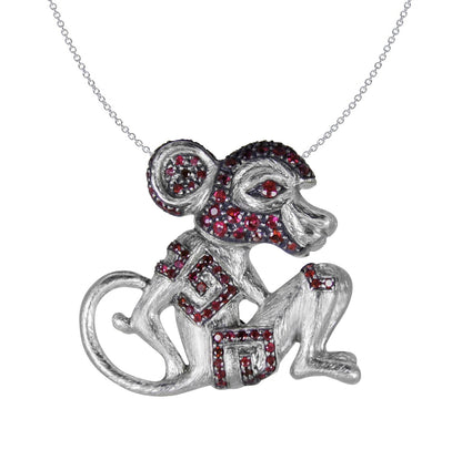 Monkey Pendant in Silver adorned with Rubies, simulated on a fine link chain