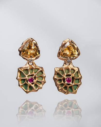 Lava Detachable Earrings - 18K Rose Gold, Green Turquoise, Citrine and Diamond
