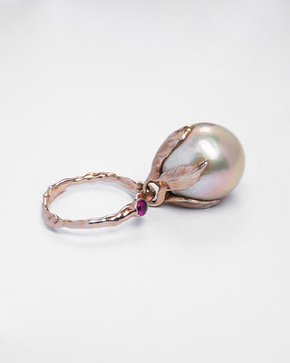 Kara Ring in 18K Rose Gold with Freshwater Pearl and Ruby 