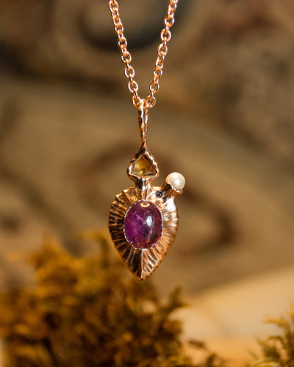 Editorial photo of Nisi Vessel Pendant in 18K Rose Gold in Blue Sapphire & Rubellite with Citrine and White Freshwater Pearl - SKU: TH-N-E-989-RG