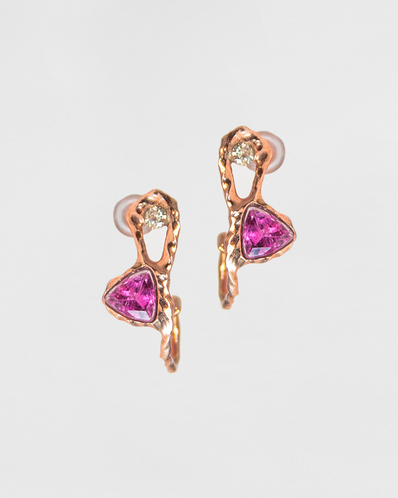 Front view of Signature Earring Pins with Rubellite and Dusty Diamonds