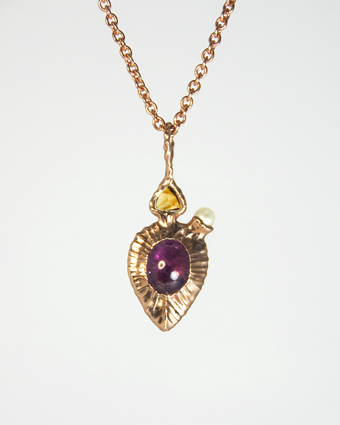 Front view of Nisi Vessel Pendant in 18K Rose Gold with Rubellite, Citrine and Freshwater Pearl: reverse side shows Blue Sapphire