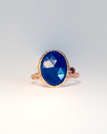 Front view of Lapis Lazuli Ring  decorated with Pink Tourmaline and Ruby