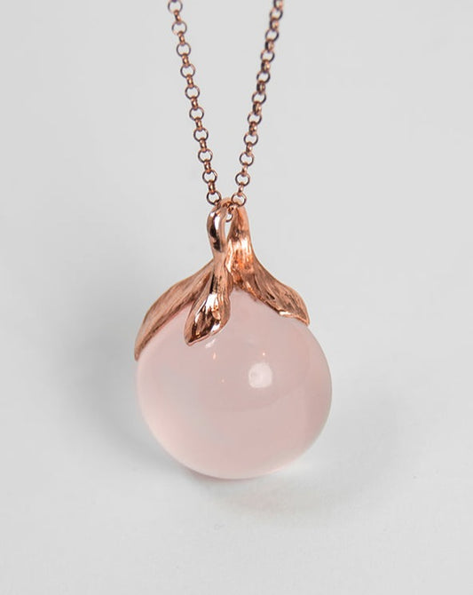 THP992RG Kara Pendant with Cabochon Rose Quartz set in 18K Rose Gold on chain front view