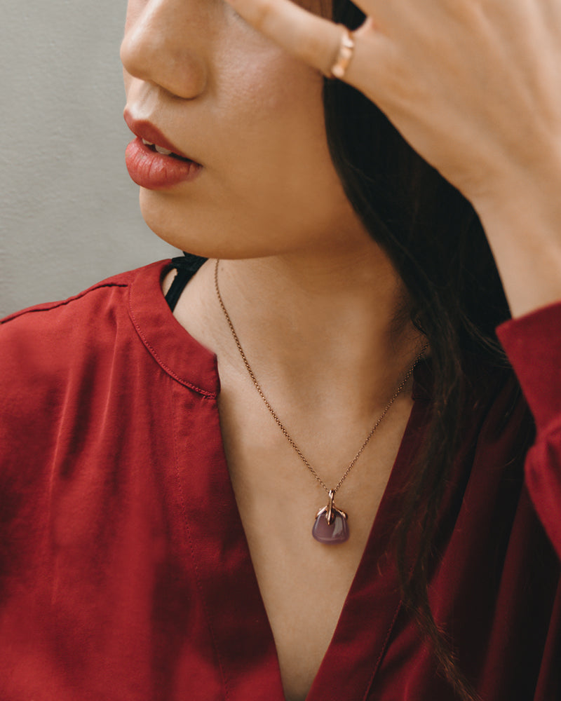 Editorial of THP996RG Kara Pendant with Purple Chalcedony set in 18K Rose Gold for lookbook