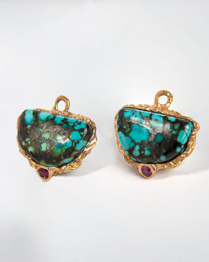 Detachable drops crafted from 18K Rose Gold, featuring semi-circle cabochon Turquoise and round faceted Ruby