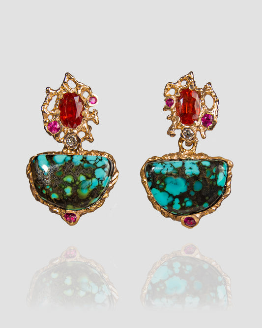 Front view of Lava 18K Rose Gold Turquoise, Orange Sapphire, Ruby & Diamond Earrings