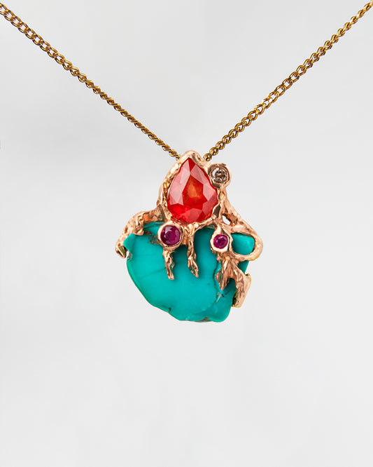 Front view of small Lava 18K Rose Gold Turquoise, Orange Sapphire, Ruby & Diamond Pendant