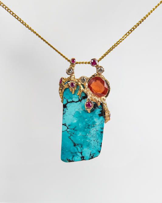 Lava 18K Rose Gold Turquoise, Orange Sapphire, Ruby & Diamond pendant