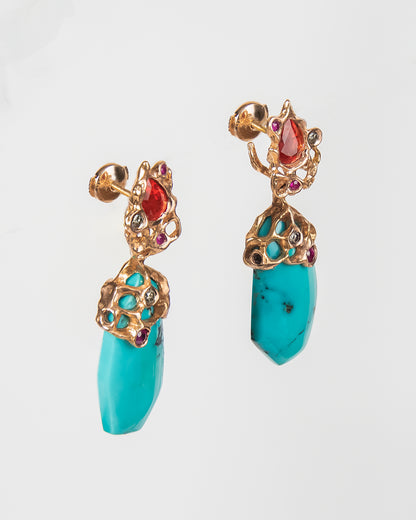 Another view of the Lava 18K Rose Gold earrings with Turquoise, Orange Sapphire, Rubies & Diamonds