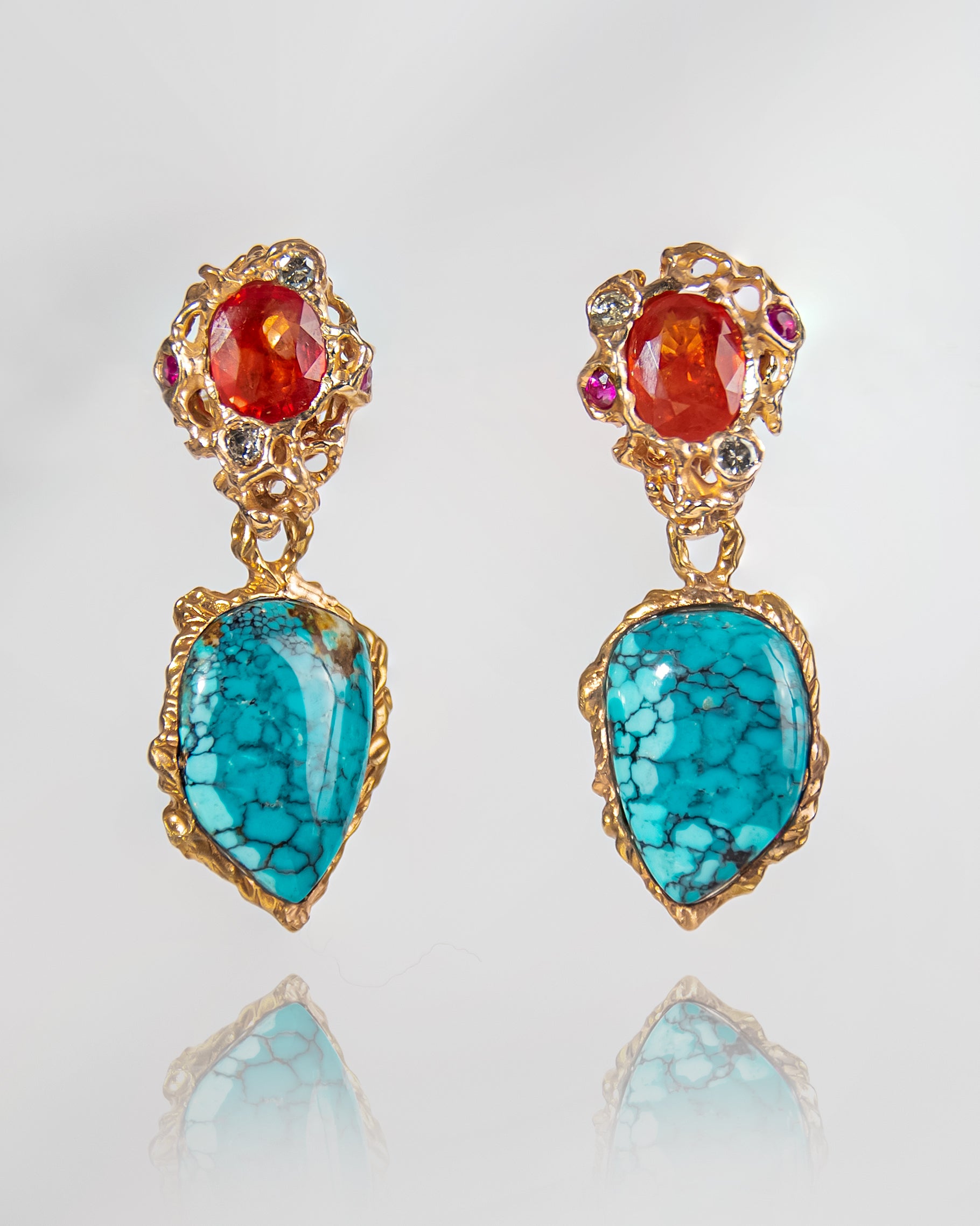 18K Rose Gold earrings set with spider-web Turquoise, Orange Sapphire, Rubies, and Diamonds