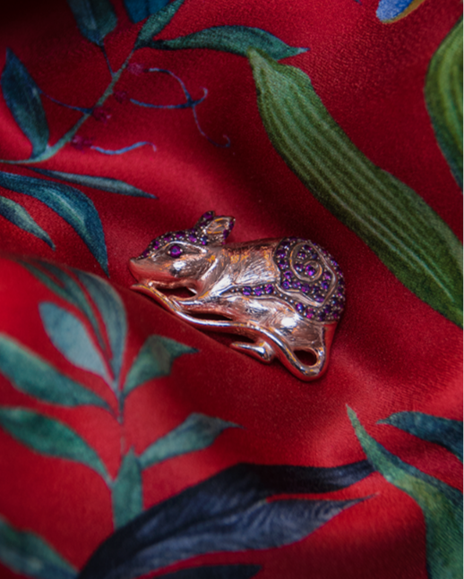 Circle of Life Rat 18K rose gold plated silver and ruby pendant