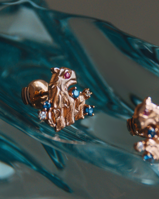 Circle of Life Tiger 18K rose gold with ruby, diamond and sapphire stud earrings