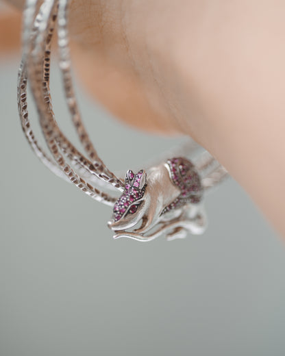 Rat Pendant in silver and rubies, worn as a bracelet charm