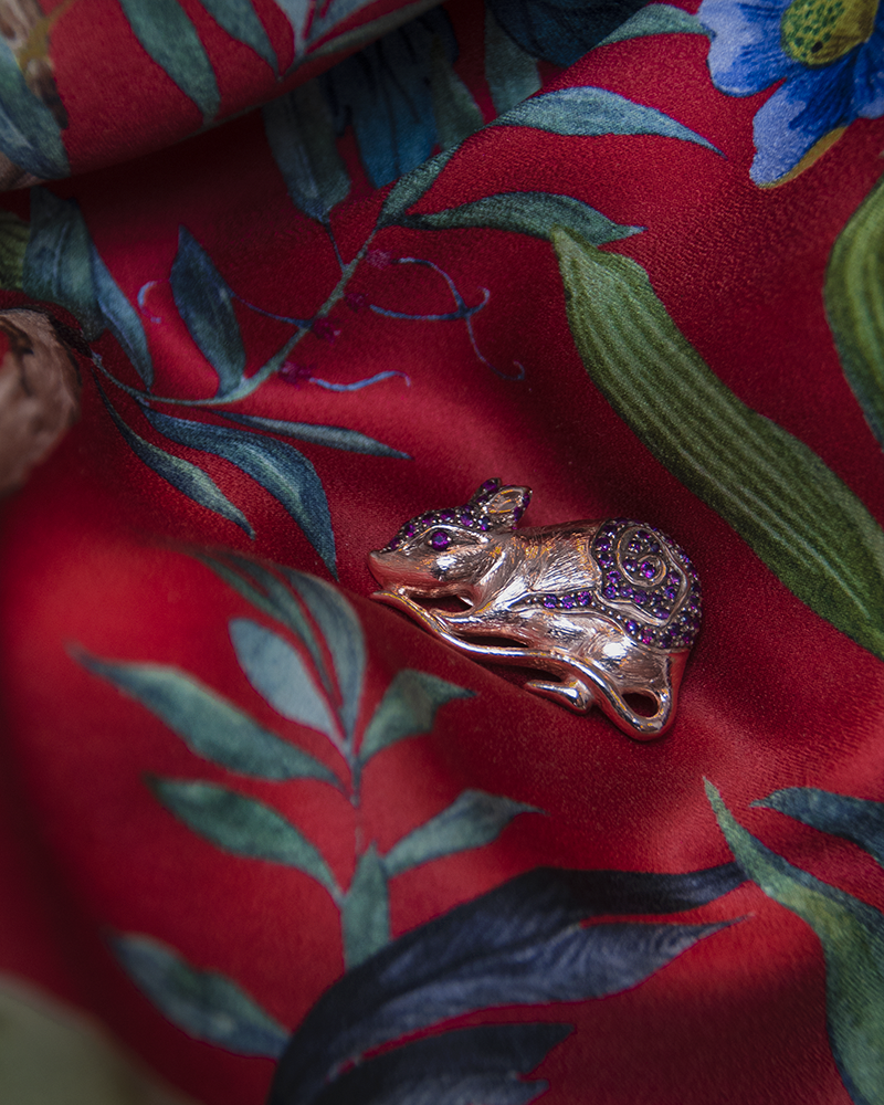 Rat Pendant crafted from Sterling Silver with Rose Gold plating and Rubies