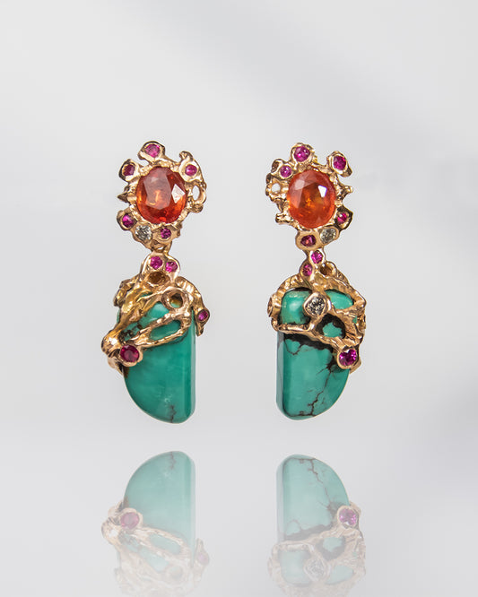 Lava Detachable 18K Rose Gold Turquoise Orange Sapphire Ruby and Diamond Earrings
